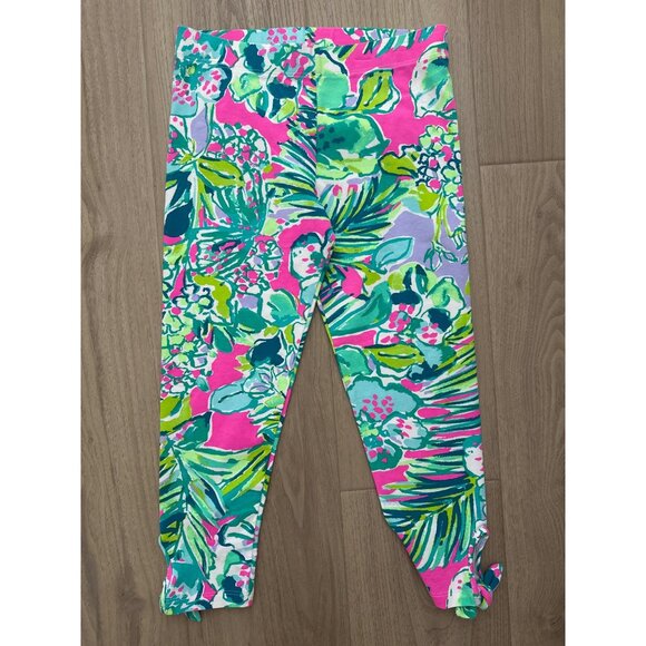 Lilly Pulitzer Maia Tropical Print Girls Leggings L (8-10) Cotton/Spandex Pink & - Picture 1 of 4